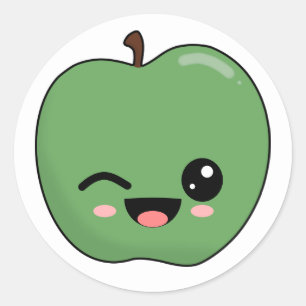 Pegatina Redonda Manzana Verde Feliz Guiñando