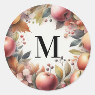 Pegatina Redonda Manzanas de otoño con monograma en colores pastel
