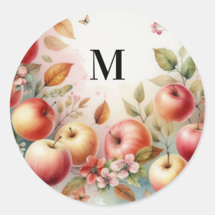 Pegatina Redonda Manzanas de otoño con monograma en colores pastel