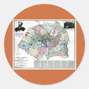 Pegatina Redonda Mapa 1891 de la ciudad de Washington y del país
