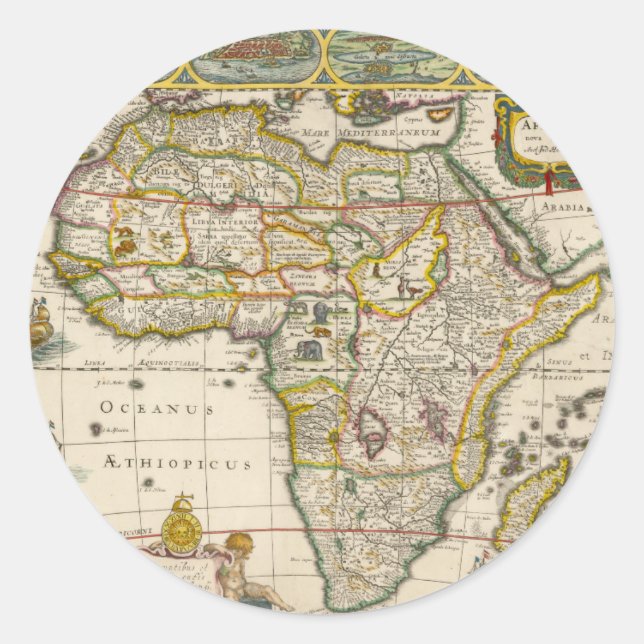 Pegatina Redonda Mapa antiguo de África de Hondius y Jansson (Anverso)
