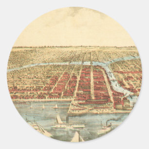 Pegatina Redonda Mapa Antiguo de Chicago, Calle LaSalle y Río