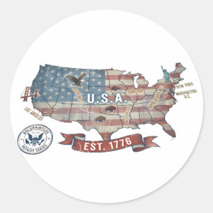 Pegatina Redonda Mapa Antiguo de Estados Unidos - American Patriot