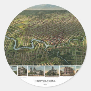 Pegatina Redonda Mapa antiguo de Houston, Texas con río Búfalo