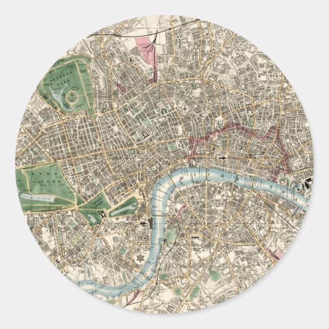 Pegatina Redonda Mapa Antiguo de Londres, Inglaterra (1853) (Anverso)