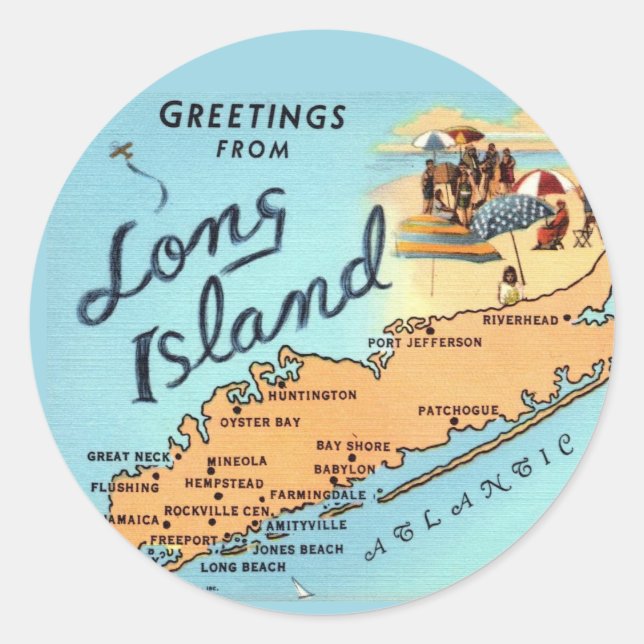 Pegatina Redonda Mapa Antiguo de Long Island (Anverso)