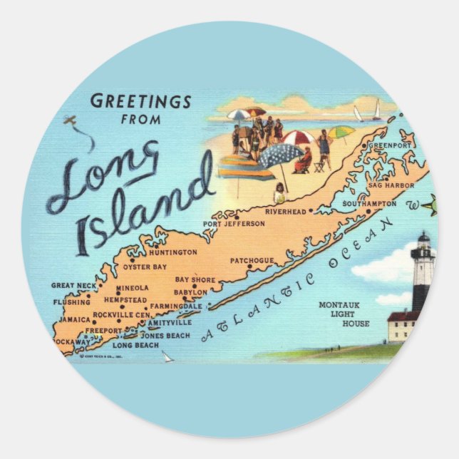 Pegatina Redonda Mapa Antiguo de Long Island  (Anverso)