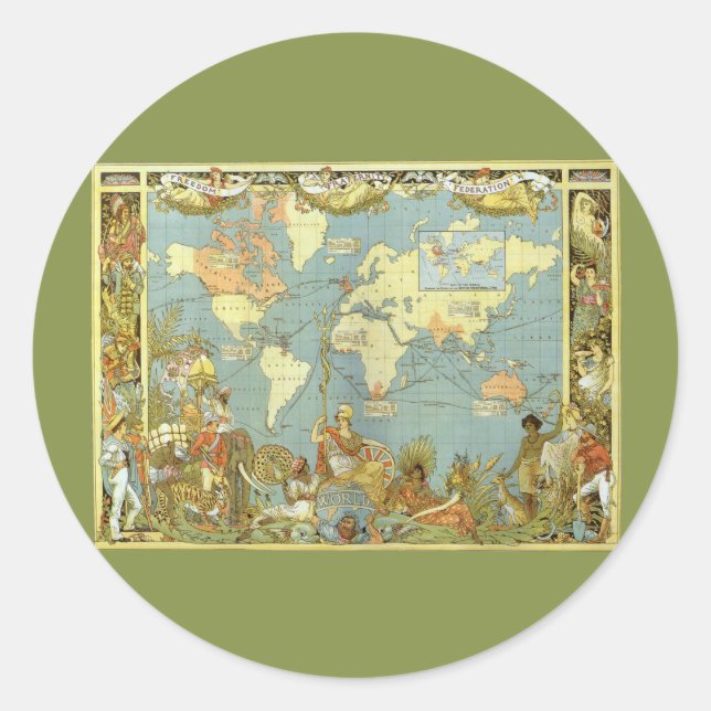 Pegatina Redonda Mapa Antiguo del Imperio Británico, 1886 (Anverso)