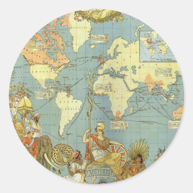 Pegatina Redonda Mapa Antiguo del Imperio Británico, 1886 (Anverso)