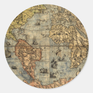 Pegatina Redonda Mapa Antiguo del Mundo de Forlani de 1565 Cartogra