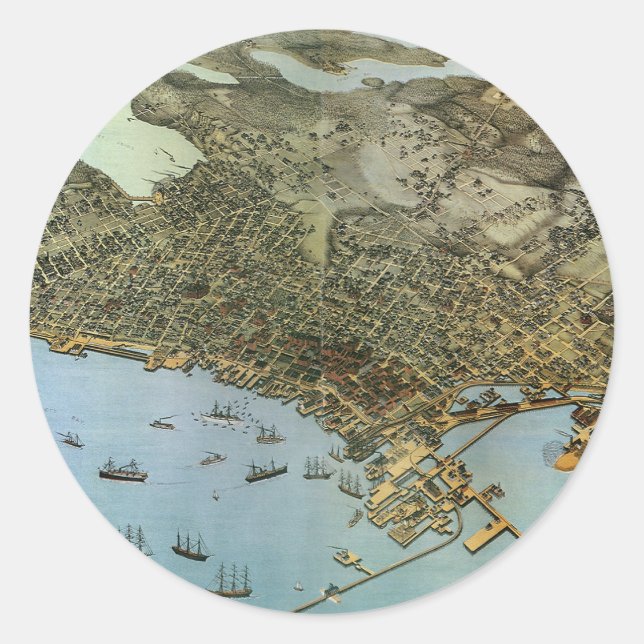 Pegatina Redonda Mapa antiguo Vista aérea Ciudad de Seattle Washing (Anverso)