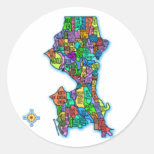 Pegatina Redonda Mapa brillantemente coloreado de Seattle