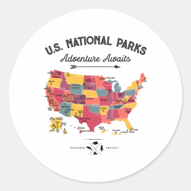 Pegatina Redonda Mapa de 63 Parques Nacionales Us Parque Retro Vint (Anverso)