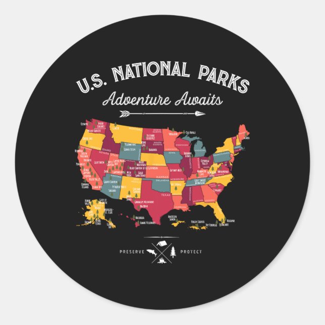 Pegatina Redonda Mapa de 63 Parques Nacionales Us Parque Retro Vint (Anverso)