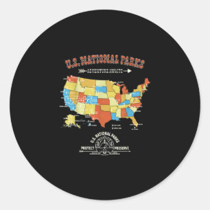 Pegatina Redonda Mapa de 63 parques nacionales - Viñeta caminata es