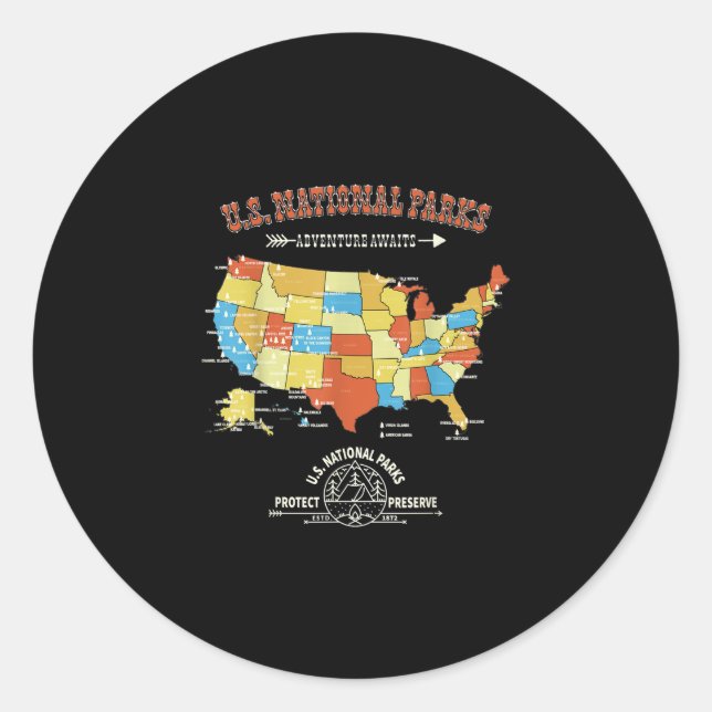 Pegatina Redonda Mapa de 63 parques nacionales - Viñeta caminata es (Anverso)