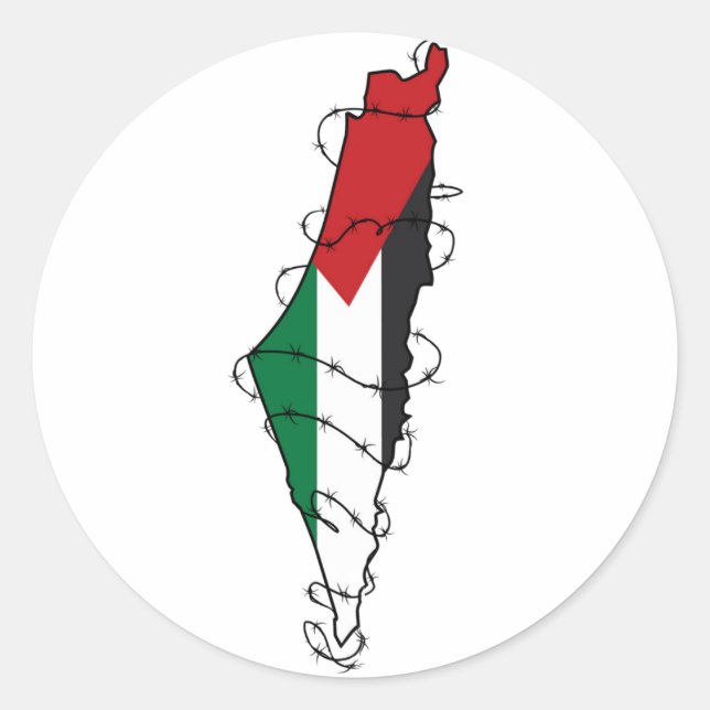 Pegatina Redonda Mapa de alambre de púas de Palestina Libre (Anverso)