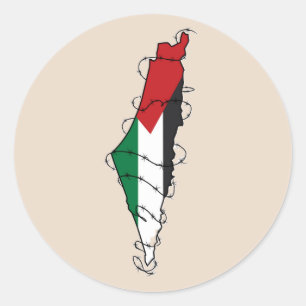 Pegatina Redonda Mapa de alambre de púas de Palestina Libre