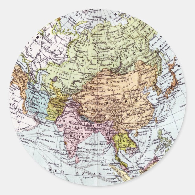 Pegatina Redonda Mapa de Asia del siglo XIX (Anverso)