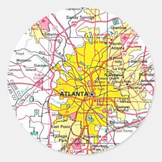 Pegatina Redonda Mapa de Atlanta (Anverso)