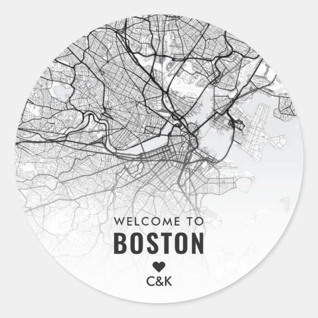 Pegatina Redonda Mapa de Boston | Bienvenida Boda