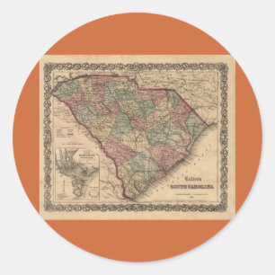 Pegatina Redonda Mapa de Carolina del Sur de 1865
