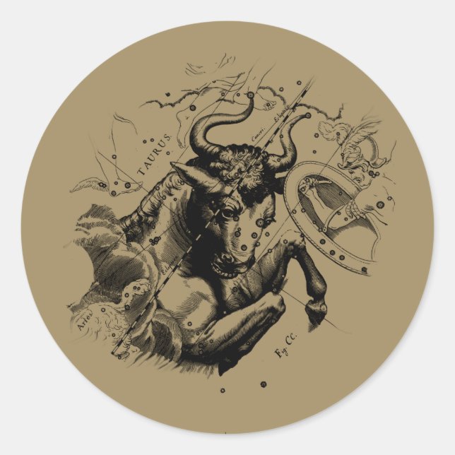 Pegatina Redonda Mapa de Constelación de Taurus Zodiac Hevelius 169 (Anverso)