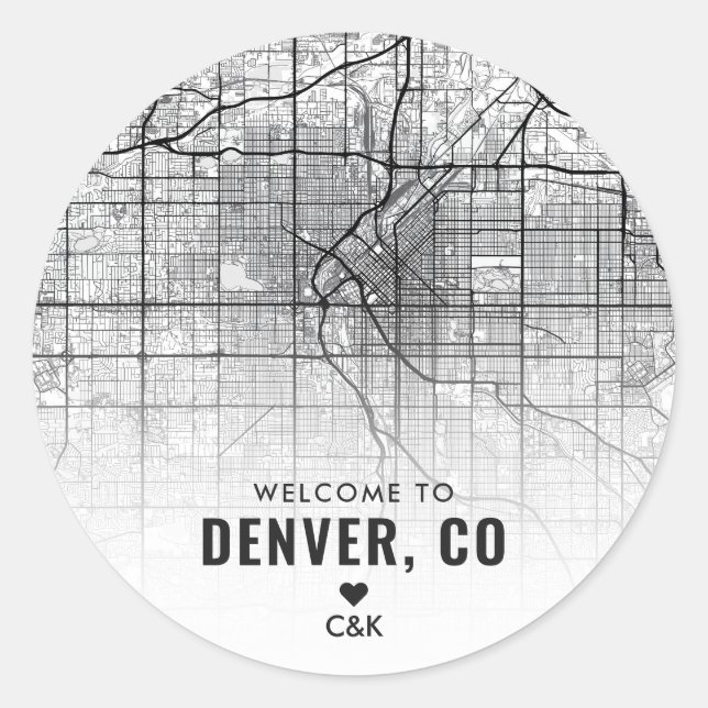 Pegatina Redonda Mapa de Denver, Colorado | Bienvenida Boda (Anverso)