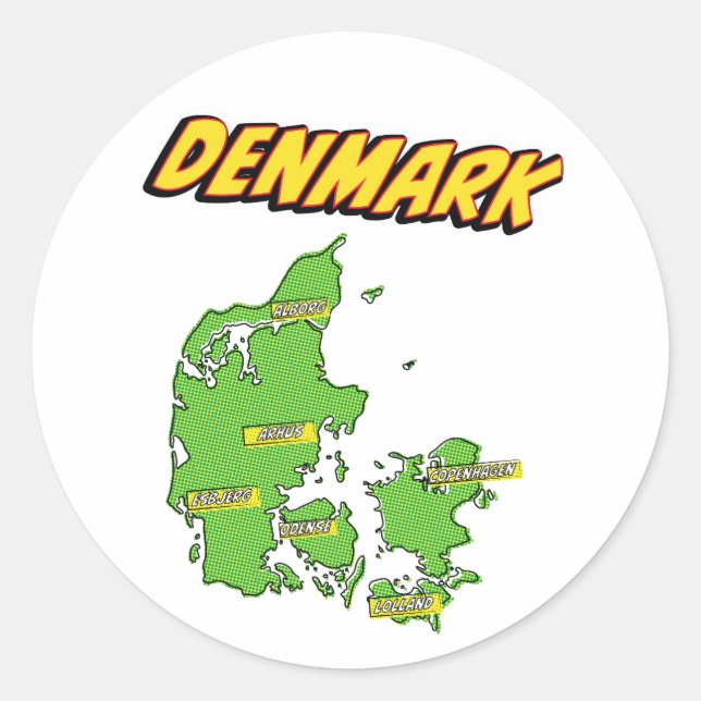 Pegatina Redonda Mapa de Dinamarca ilustrado con arte pop (Anverso)