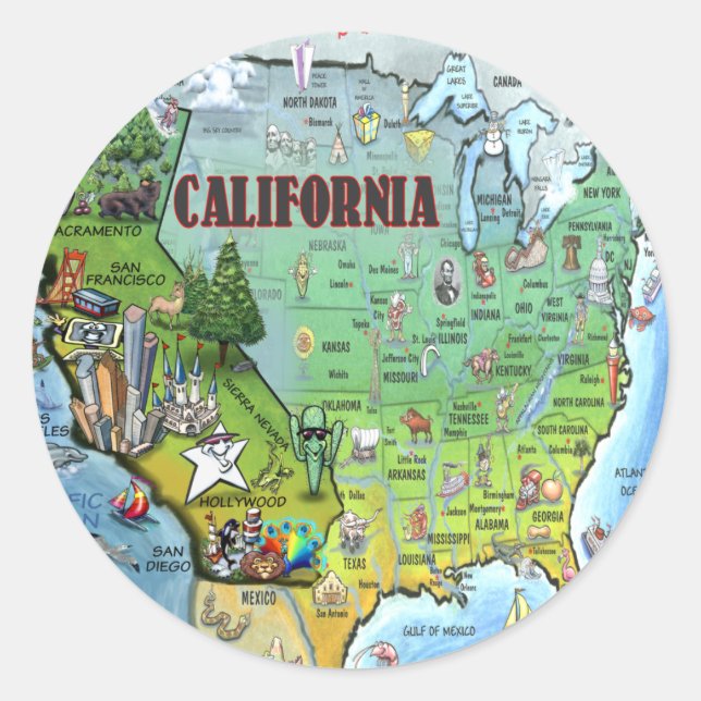 Pegatina Redonda Mapa de EE.UU. de California (Anverso)