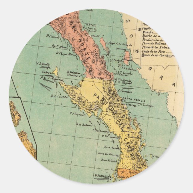 Pegatina Redonda Mapa de época de Baja California (1899) (Anverso)