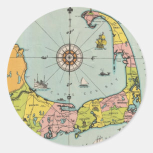 Pegatina Redonda Mapa de época de Cape Cod