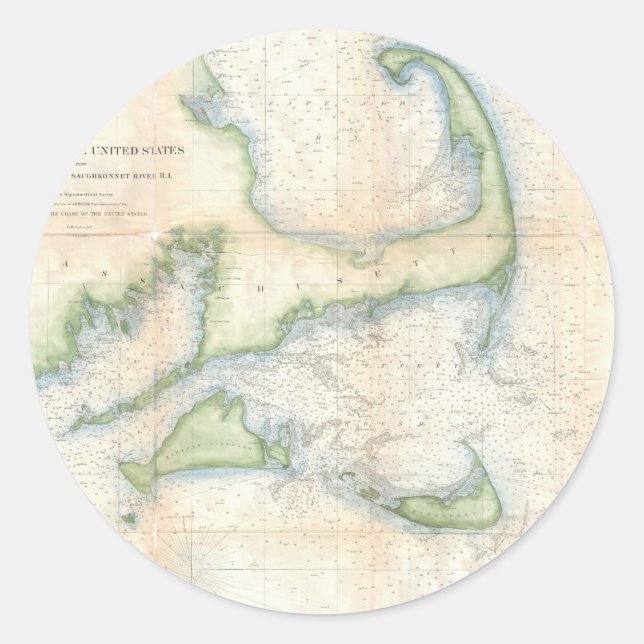 Pegatina Redonda Mapa de época de Cape Cod (1857) (Anverso)