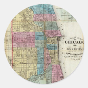 Pegatina Redonda Mapa de época de Chicago (1869)