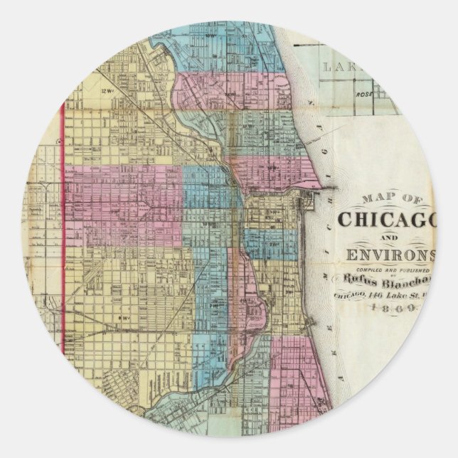 Pegatina Redonda Mapa de época de Chicago (1869) (Anverso)