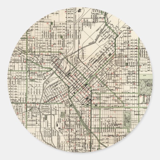 Pegatina Redonda Mapa de época de Denver Colorado (1920) (Anverso)