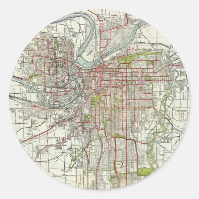 Pegatina Redonda Mapa de época de Kansas City Missouri (1920) (Anverso)