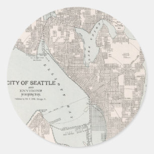 Pegatina Redonda Mapa de época de Seattle Washington (1901)