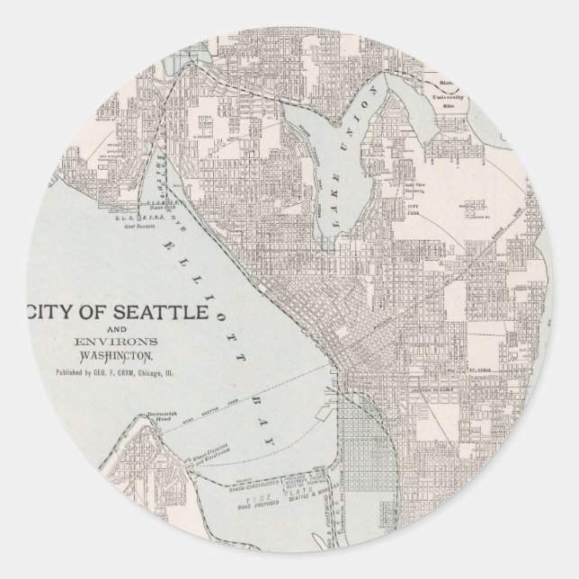 Pegatina Redonda Mapa de época de Seattle Washington (1901) (Anverso)
