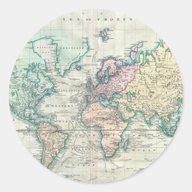 Pegatina Redonda Mapa de época del mundo (1801) (Anverso)