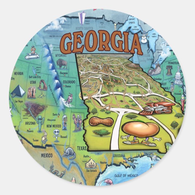 Pegatina Redonda Mapa de Georgia USA (Anverso)