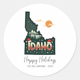 Pegatina Redonda Mapa de Idaho Felices Fiestas Navidades