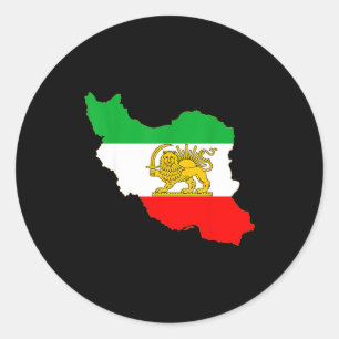Pegatina Redonda Mapa de Irán con emblema de león y sol, bandera pe