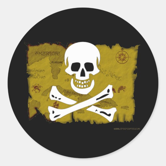 Pegatina Redonda Mapa de Jolly Roger #3 (Anverso)