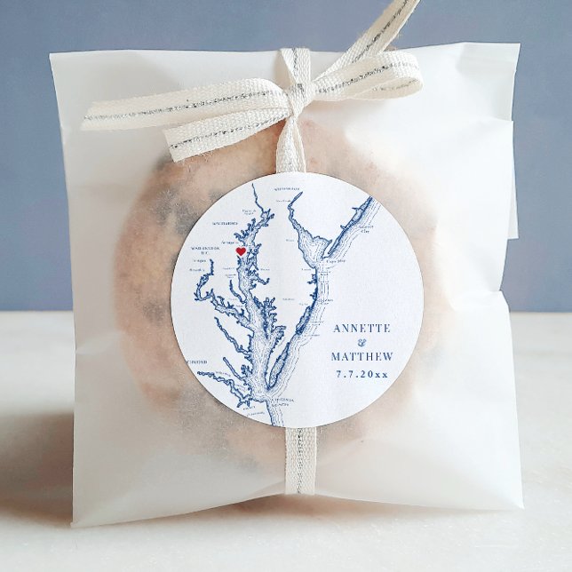 Pegatina Redonda Mapa de la Bahía de Chesapeake de Annapolis Favor  (Annapolis Chesapeake Bay Map Wedding Favor Round Label in elegant navy blue from Coastal Map Designs)