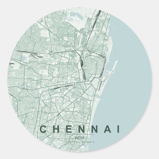 Pegatina Redonda Mapa de la ciudad de Chennai India Diseño Mínimo (Anverso)