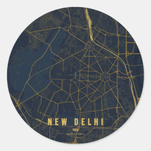 Pegatina Redonda Mapa de la ciudad de Nueva Delhi, India, diseño mi
