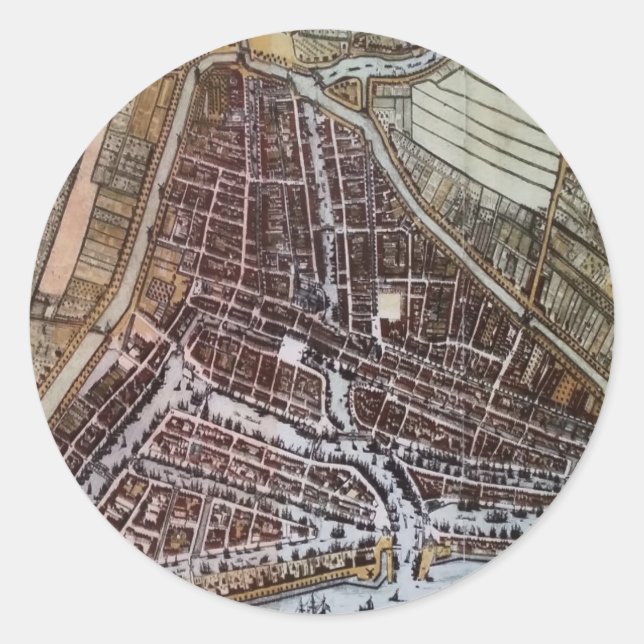 Pegatina Redonda Mapa de la ciudad de Réplica de Rotterdam 1652 (Anverso)