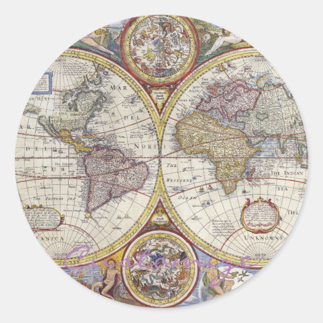 Pegatina Redonda Mapa de la época de viajero del mundo Thunder_Cove (Anverso)