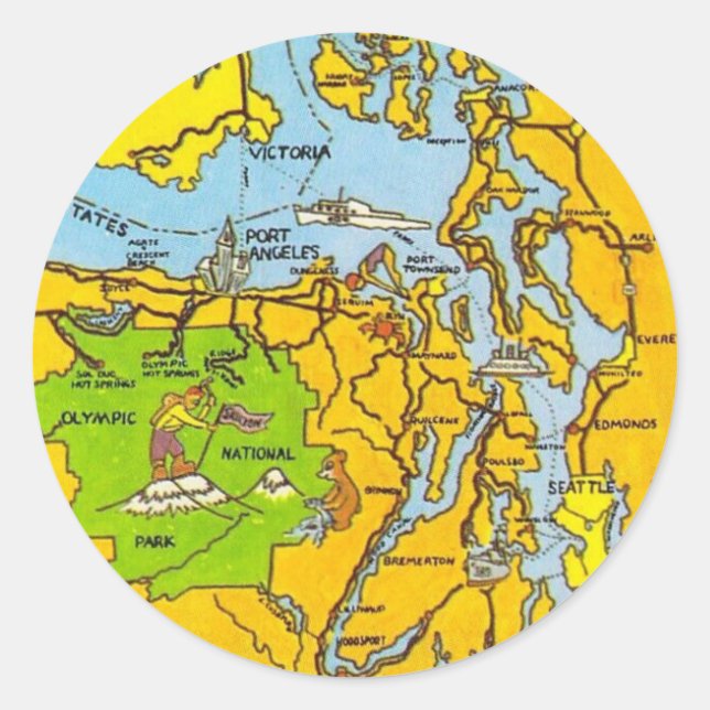 Pegatina Redonda Mapa de la Península Olímpica (Anverso)